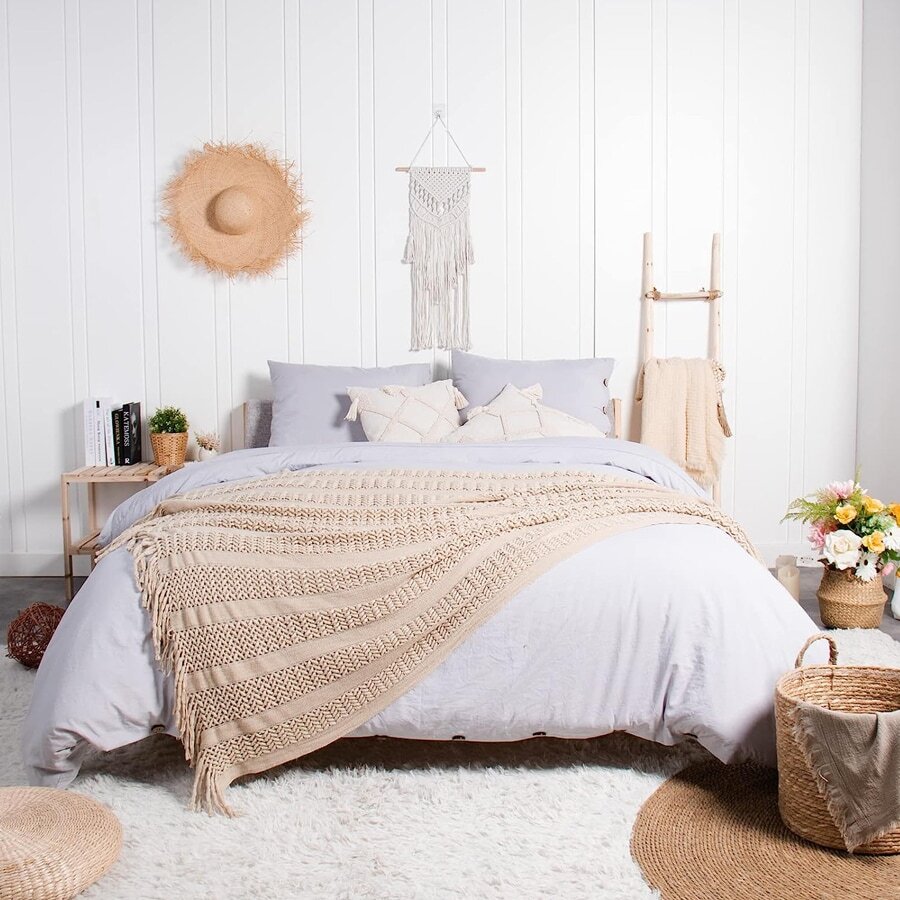 lifein Throw Blanket for Couch - Soft Boho Farmhouse Knit Throw, Cozy Knitted Small Lightweight Blanket&Throws with Tassel for Home Decor,Bed,Chair,Sofa,Gift,Fall(Tan/Gray Tones,50*60in 1pc)