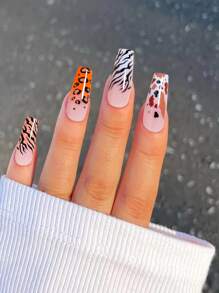 VV MEI JIA ER 24 Piezas Uñas Postizas Largas De Ataúd Con Diseño De Estampado De Cebra Y Leopardo, Puntas De Uñas Falsas Acrílicas Brillantes Negras Para Mujeres Y Niñas & 1 Hoja De Cinta Y 1 Lima De Uñas - Multicolor - Ver 1