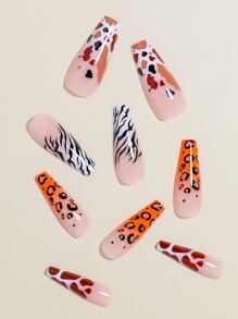 VV MEI JIA ER 24 Piezas Uñas Postizas Largas De Ataúd Con Diseño De Estampado De Cebra Y Leopardo, Puntas De Uñas Falsas Acrílicas Brillantes Negras Para Mujeres Y Niñas & 1 Hoja De Cinta Y 1 Lima De Uñas - Multicolor - Ver 3