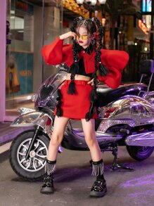 Tween Girls' Fashionable Party Outfit, Top & Vest & Shorts - Red - View 3