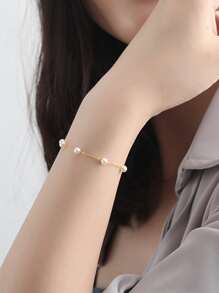 1條 簡約優雅甜美的仿珍珠女手鍊,派對約會禮物 - 金黃色 - 查看 2