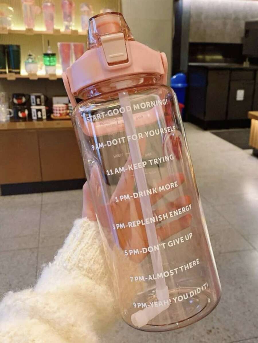 1pc 67.63oz/2L Large Capacity Pink PC Water Bottle, Comes With Random 3D Stickers, Portable Straw Cup For Sports, Fitness, Home And Outdoor Travel - Pink - View 1