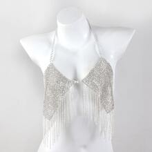 1 Pieza Cadena Con Flecos Con Decoración Completa De Diamantes De Imitación Para Mujeres, Sujetador De Cadena Corporal - Plateado - Ver 1