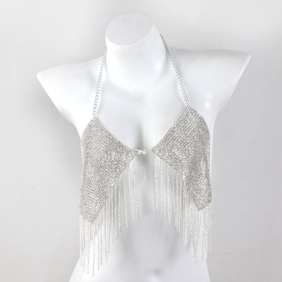 1 Pieza Cadena Con Flecos Con Decoración Completa De Diamantes De Imitación Para Mujeres, Sujetador De Cadena Corporal - Plateado - Ver 1