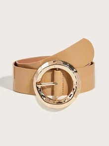 1條女性時尚寬皮帶,多巴胺金色金屬配材與亮麗圓扣頭,適用於日常搭配裙子與牛仔褲 - 卡其色 - 查看 2