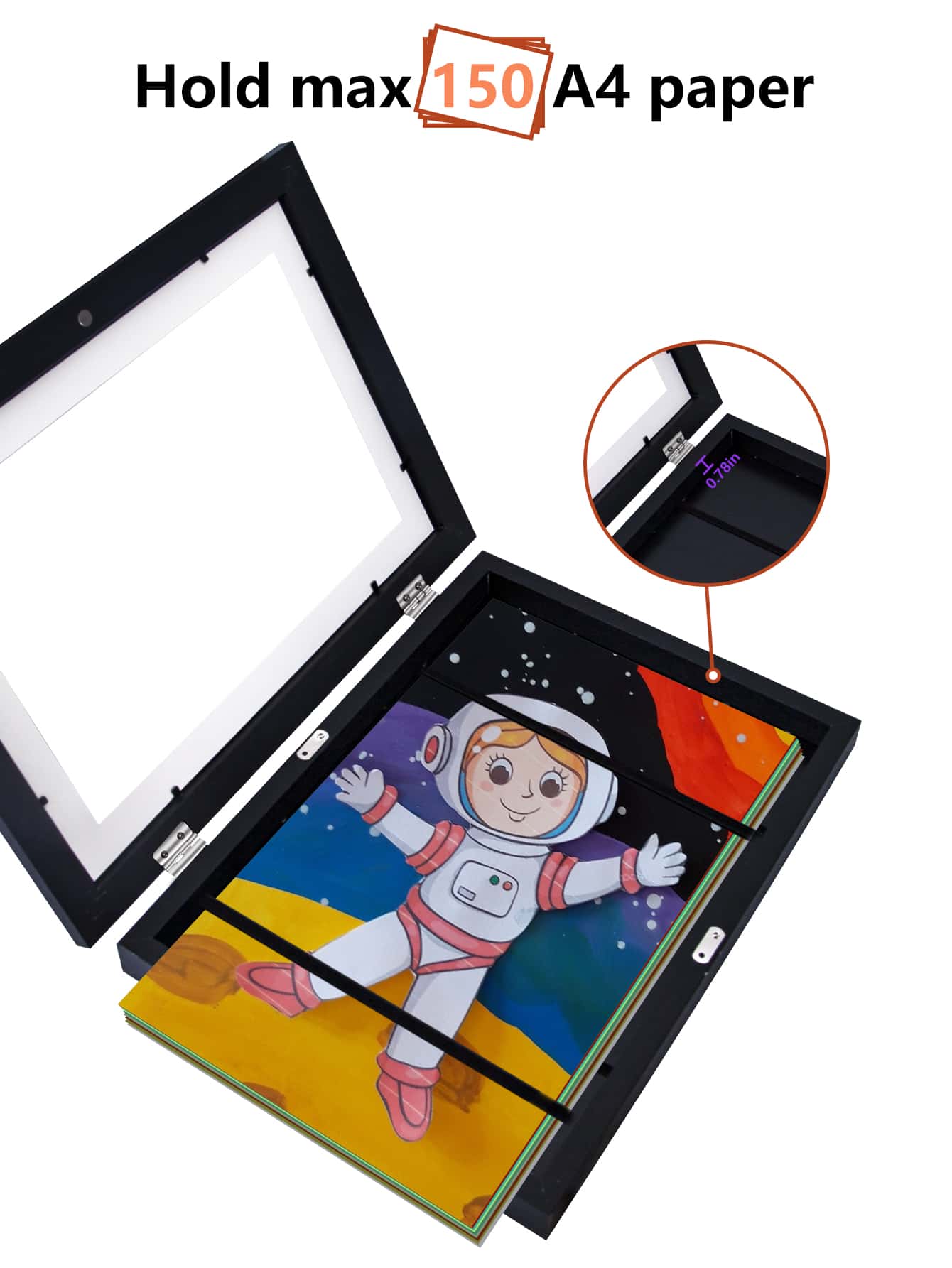 Black Flipopen Picture Frame Storage Box For Children's Artwork