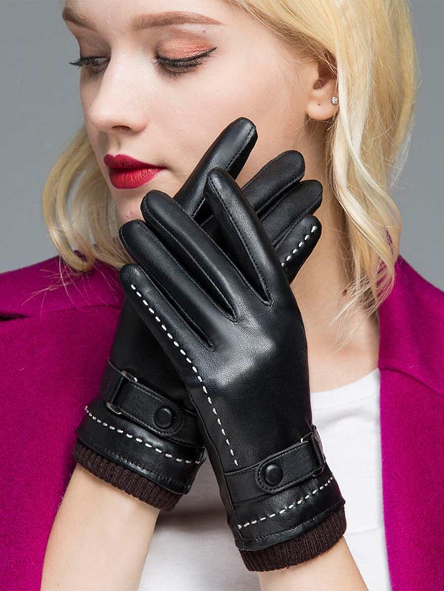 1 雙女式冬季 Pu 皮手套,適合騎車和騎行,厚實保暖,適合滑雪等戶外活動和保暖 - 黑色 - 查看 1