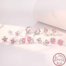 1對時尚豪華s925純銀粉色花瓣、心形及三葉草形耳釘,適合女性日常佩戴,感恩節和聖誕節禮物,送給朋友、家人和長輩