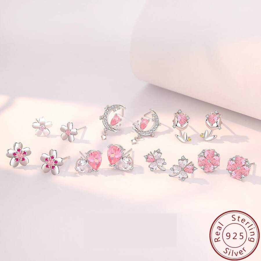1對時尚豪華s925純銀粉色花瓣、心形及三葉草形耳釘,適合女性日常佩戴,感恩節和聖誕節禮物,送給朋友、家人和長輩