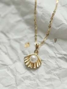 1pc French Luxury Design New Elegant S925 Sterling Silver Inlaid Pearl & Shell Pendant Necklace, Gift For Women - Gold - View 2