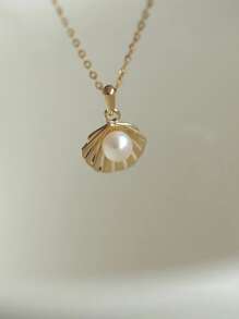 1pc French Luxury Design New Elegant S925 Sterling Silver Inlaid Pearl & Shell Pendant Necklace, Gift For Women - Gold - View 5