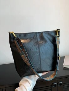 復古工作/通勤大容量新款休閒水桶包時尚單肩包，女式 PU 皮革幾何肩帶復古斜挎包復古肩帶流浪漢包 - 黑色 - 查看 1