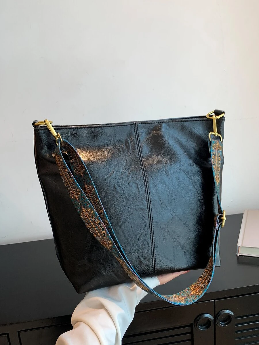 復古工作/通勤大容量新款休閒水桶包時尚單肩包，女式 PU 皮革幾何肩帶復古斜挎包復古肩帶流浪漢包 - 黑色 - 查看 1