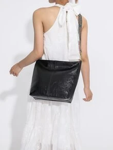 復古工作/通勤大容量新款休閒水桶包時尚單肩包，女式 PU 皮革幾何肩帶復古斜挎包復古肩帶流浪漢包 - 黑色 - 查看 4