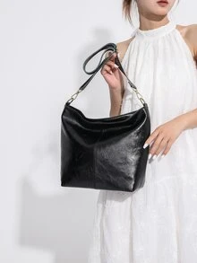 復古工作/通勤大容量新款休閒水桶包時尚單肩包，女式 PU 皮革幾何肩帶復古斜挎包復古肩帶流浪漢包 - 黑色 - 查看 2