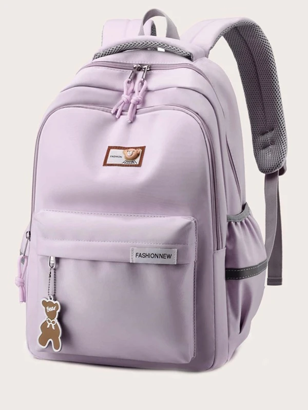 Mochila Casual De Moda Com Grande Capacidade E Decoração De Ursinho De Pelúcia, Mochila Escolar De Cor Sólida Com Zíper De Grande Capacidade, Mochila Escolar Simples Com Zíper E Estudante Fofa, Adequada Para Uso Diário, Escolar E Passeio De Meninas