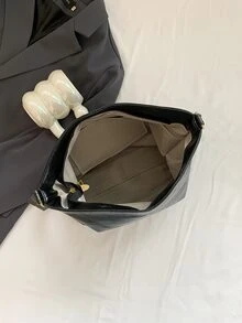 復古工作/通勤大容量新款休閒水桶包時尚單肩包，女式 PU 皮革幾何肩帶復古斜挎包復古肩帶流浪漢包 - 黑色 - 查看 5