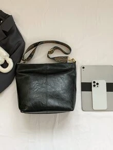 復古工作/通勤大容量新款休閒水桶包時尚單肩包，女式 PU 皮革幾何肩帶復古斜挎包復古肩帶流浪漢包 - 黑色 - 查看 6