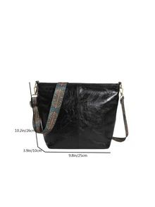 復古工作/通勤大容量新款休閒水桶包時尚單肩包，女式 PU 皮革幾何肩帶復古斜挎包復古肩帶流浪漢包 - 黑色 - 查看 7