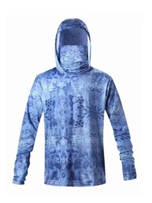 1pc Blue Fish Pattern Fishing Shirt With Hood And Face Mask - Blue - View 1