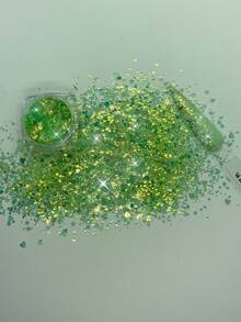 1盒六邊形,,圓形,愛心形狀綠色&混色鐳射寵物指甲金蔥粉,金色洋蔥粉末狀指甲裝飾