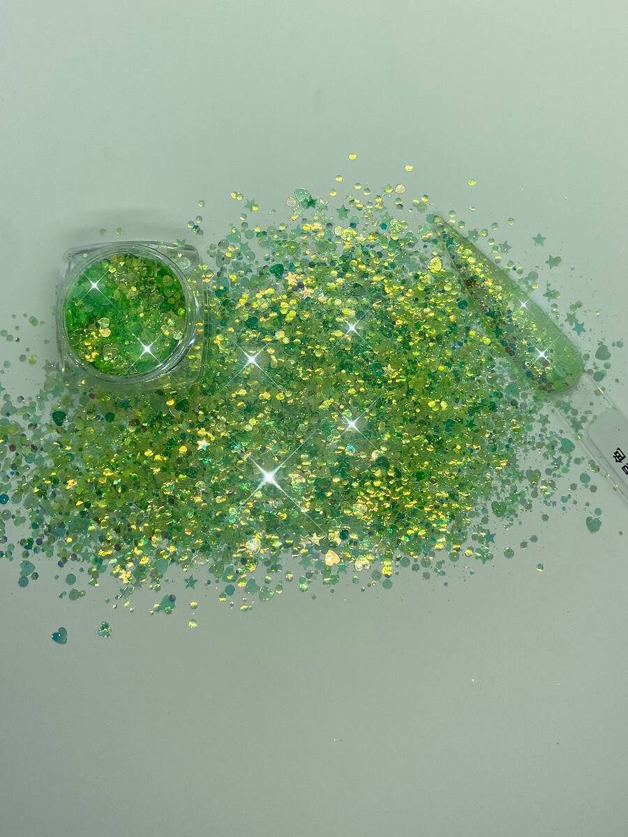 1盒六邊形,,圓形,愛心形狀綠色&混色鐳射寵物指甲金蔥粉,金色洋蔥粉末狀指甲裝飾