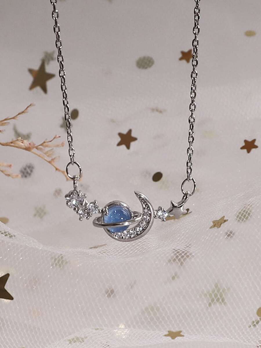 1pc Stainless Steel Star & Moon Collarbone Necklace