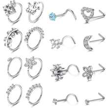 16Pcs Cubic Zerconia Nose Rings For Women, Stainless Steel Nose Studs Hoops 20G Nose Hoop Corkscrew L Shaped Nose Stud Gold Silver Nose Ring Nose Piercing Jewelry
