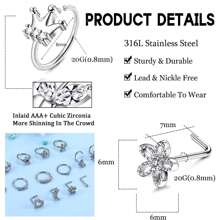 16Pcs Cubic Zerconia Nose Rings For Women, Stainless Steel Nose Studs Hoops 20G Nose Hoop Corkscrew L Shaped Nose Stud Gold Silver Nose Ring Nose Piercing Jewelry