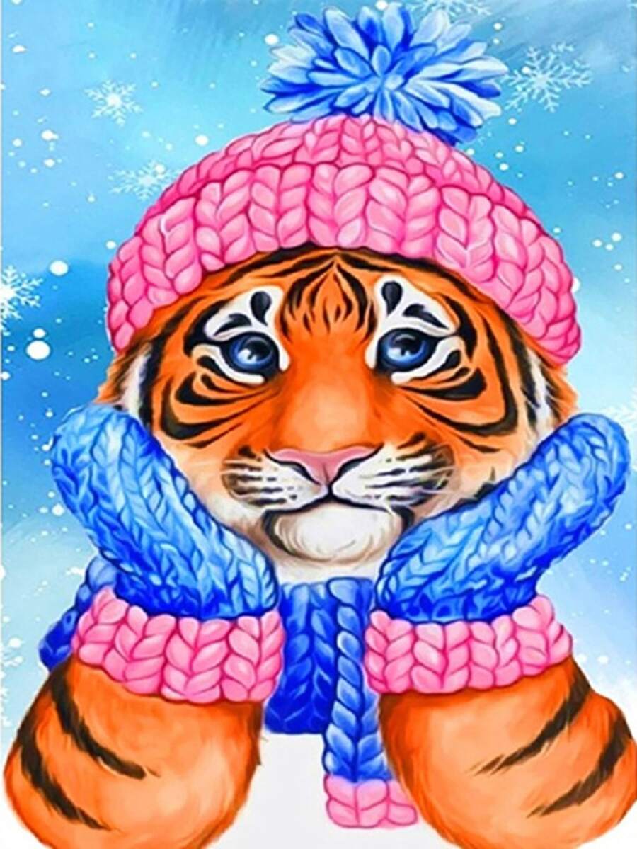 卡通老虎5d鑽石畫馬賽克鑽石貼紙,現代藝術刺繡全圓形馬賽克鑲嵌壁飾,適用於家居客廳 - 彩色 - 查看 1