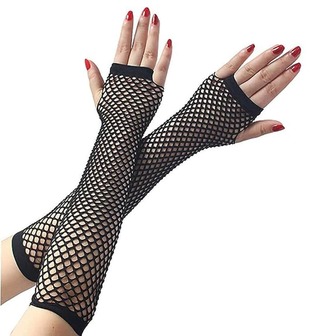 1對女性長款黑色性感魚網手套,適用於80年代主題派對、晚會、角色扮演