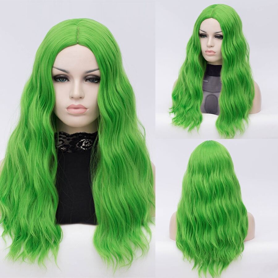 綠色中心部分卷長款人造假髮適合女士,合適的適用於日常穿著,派對,角色扮演 - 綠色 - 查看 1