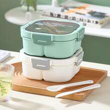 1pc Lunch Box With Tableware Grids And Spoon, Salad Box Bento Box, Microwave Safe, Portable For Students, Green - Green - View 2