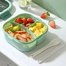 1pc Lunch Box With Tableware Grids And Spoon, Salad Box Bento Box, Microwave Safe, Portable For Students, Green - Green - View 6