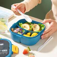 1pc Lunch Box With Tableware Grids And Spoon, Salad Box Bento Box, Microwave Safe, Portable For Students, Green - Green - View 5