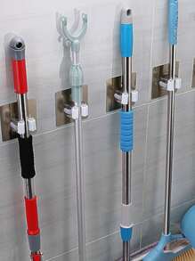 1 pieza perforar Soporte de fregona Soporte de almacenamiento de baño montado en la pared Escoba Perchero fuerte Adhesivo Gancho para limpieza Herramienta - Blanco - Ver 1