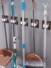 1 pieza perforar Soporte de fregona Soporte de almacenamiento de baño montado en la pared Escoba Perchero fuerte Adhesivo Gancho para limpieza Herramienta - Blanco - Ver 3