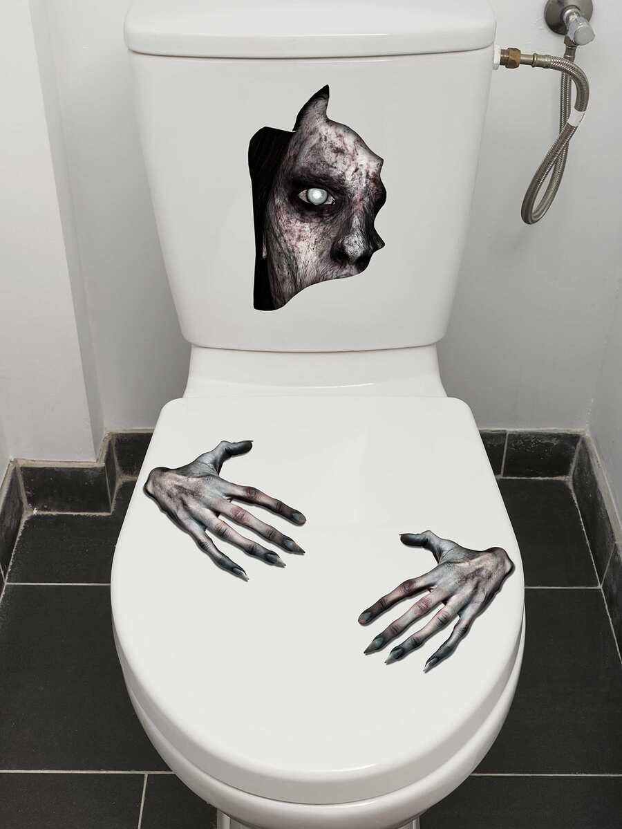 1 Pieza Adhesivo De Tapa De Inodoro Con Patrón De Mano Y Cara De Fantasma De Horror De Halloween - Multicolor - Ver 1