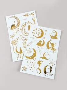 2 piezas Etiqueta engomada del tatuaje temporal luna , hada , gatito diseño hojuela dorada - Dorado - Ver 6