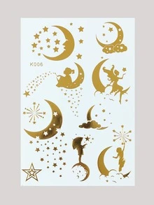 2 piezas Etiqueta engomada del tatuaje temporal luna , hada , gatito diseño hojuela dorada - Dorado - Ver 5