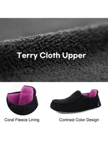 LongBay Women's Memory Foam Slippers Breathable Terry Cloth House Shoes for Ladies Washable Closed Hoodback Slippers Rubber Soles Indoor - 黑色 - 查看 5