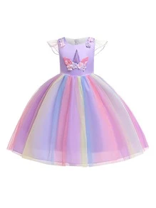Elegant Floral Tulle & Satin Girls Birthday Party Dress, Suitable For School Dance, Party, Flower Placement & Color Varies, Headband Not Included - Purple - View 2
