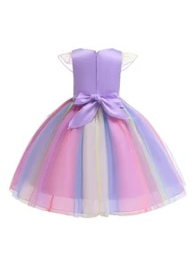 Elegant Floral Tulle & Satin Girls Birthday Party Dress, Suitable For School Dance, Party, Flower Placement & Color Varies, Headband Not Included - Purple - View 3