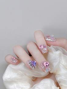 10入組手工壓花指甲貼 M號短圓形閃粉鑽石裝飾3D立體假指甲，適用於女性和女孩子的指甲用品，讓你閃耀迷人 - 彩色 - 查看 7