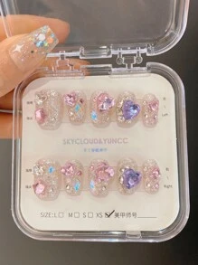 10入組手工壓花指甲貼 M號短圓形閃粉鑽石裝飾3D立體假指甲，適用於女性和女孩子的指甲用品，讓你閃耀迷人 - 彩色 - 查看 5