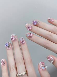 10入組手工壓花指甲貼 M號短圓形閃粉鑽石裝飾3D立體假指甲，適用於女性和女孩子的指甲用品，讓你閃耀迷人 - 彩色 - 查看 6