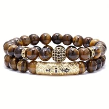 2pcs/Set 8mm Tiger Eye Stone Round Beads Elastic Yoga Bracelet For Men Holiday Birthday Gift For Boyfriends