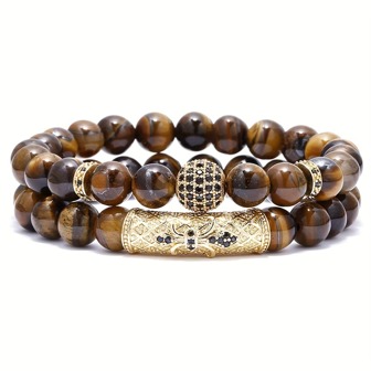 2pcs/Set 8mm Tiger Eye Stone Round Beads Elastic Yoga Bracelet For Men Holiday Birthday Gift For Boyfriends