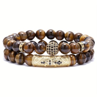 2pcs/set Trendy 8mm Tiger Eye Stone Round Beads Elastic Yoga Bracelet For Men Holiday Birthday Gift For Boyfriends