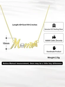 1個字母mom項鍊925純銀養殖淡水珍珠蝴蝶鎖骨項鍊字母方鋯石女士優雅珠寶,是獻給媽媽的最佳母親節/聖誕節/新年/假日禮物